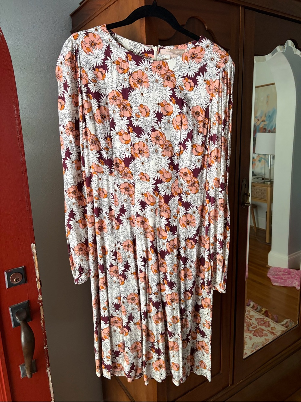 Forever 21 Floral Long-Sleeve Midi Dress in Burgundy, Peach & White